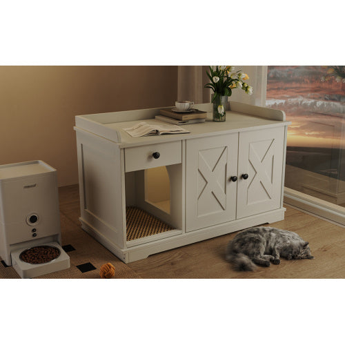 GO Cat Litter Box Enclosure, Litter Box Furniture Hidden With Cat Litter Mat, Indoor Cat House With Storage Drawer Side Table, Farmhouse Style Cat Box Cabinet For Living Room, White